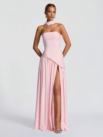 Elegant Sexy Strapless Slit Flowy Dress, Party Gown