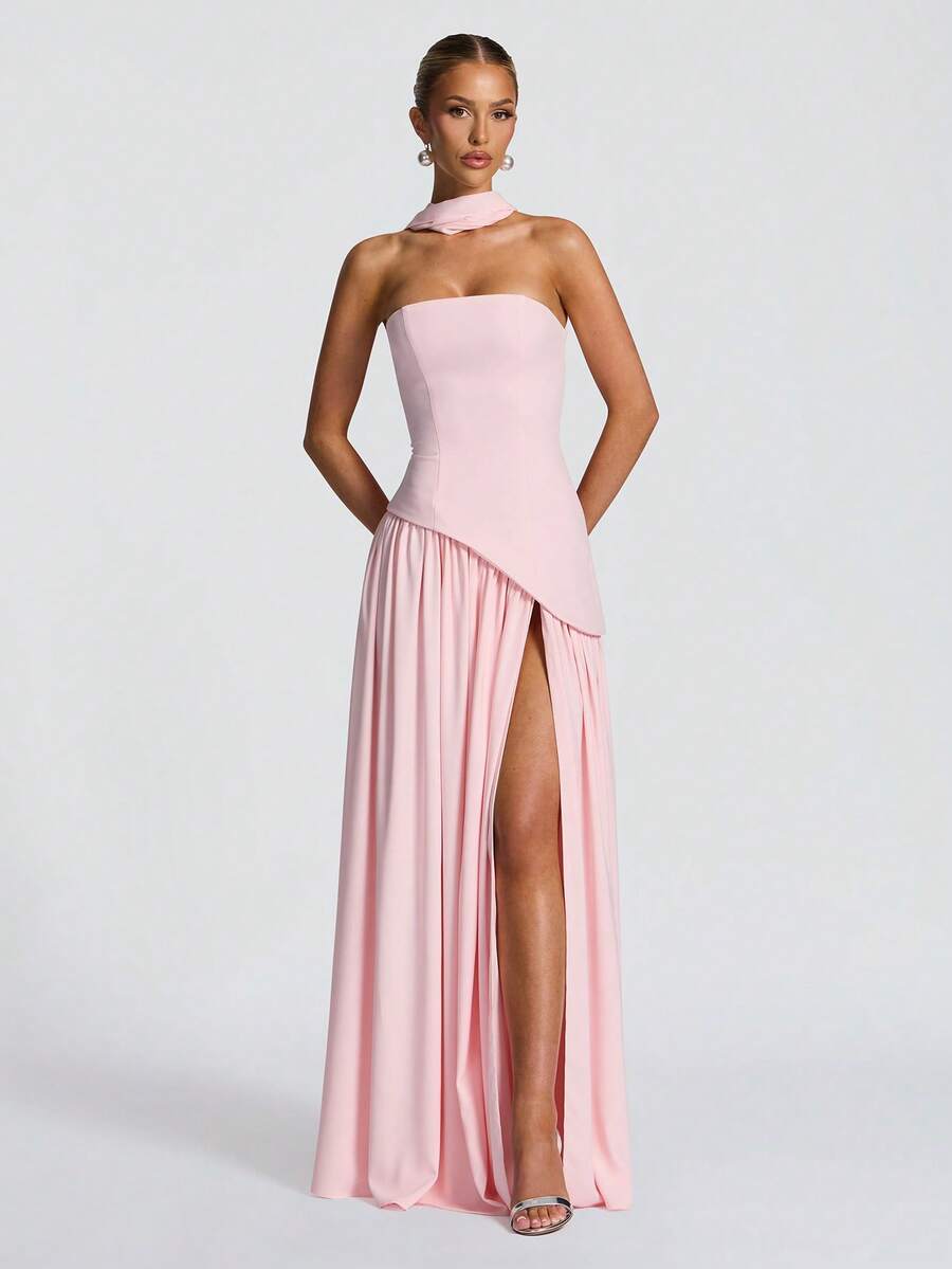 优雅性感露肩开衩飘逸连衣裙、派对礼服