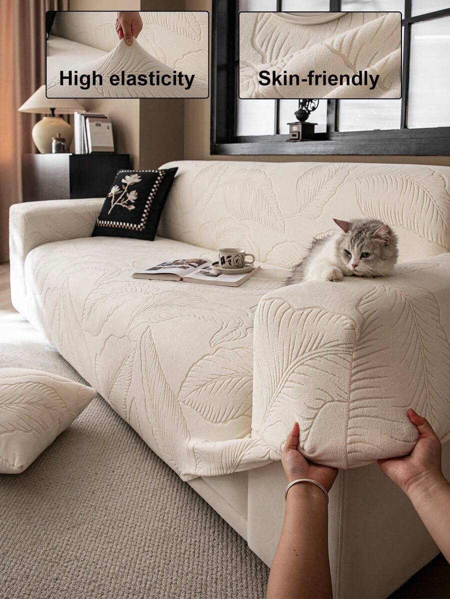 1pc Solid Color Stretch Sofa Cover, Minimalist Design Pet-Friendly Anti-Slip Anti-Dirty Anti-Scratch, Suitable For All Seasons, Machine Washable, For Living Room Bedroom Office Single/2/3/4-Seater Sofa - Màu be - Xem 1