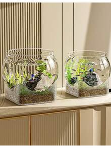 Round Transparent Fish Bowl, Shatterproof Small Desktop Hydroponic Goldfish Tank, Small Landscape Goldfish Bowl, Suitable For Office And Living Room, Home Transparent Creative Shatterproof Aquarium - Clear - View 4