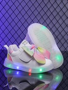 时尚大蝴蝶结 LED 发光透气皮革运动鞋，适合男孩和女孩 - 休闲、减震、四季防滑户外跑步和步行鞋 - 白色 - 查看 3