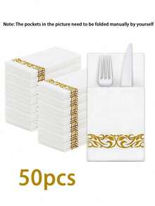 25片装一次性金色图案布艺餐巾，内置餐具袋，婚宴适用。亚麻质地白色餐巾，预折叠，适用于婚礼、节日、生日派对和餐桌装饰。