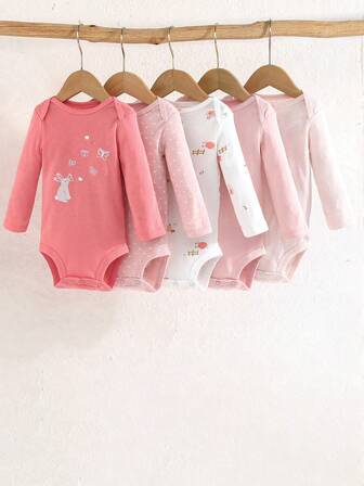 Set de 5 piezas Enterizo de manga larga con estampado de animales y corazones lindos para bebé niña, fácil de usar a diario