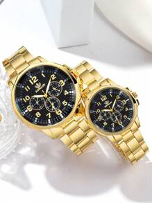 2件套时尚商务休闲情侣手表，多功能圆形表盘钢带石英表，情侣礼品套装，适合返校、派对、婚礼、节日、户外活动、万圣节、圣诞节和日常佩戴，情侣最佳礼物 - 金色 - 查看 7