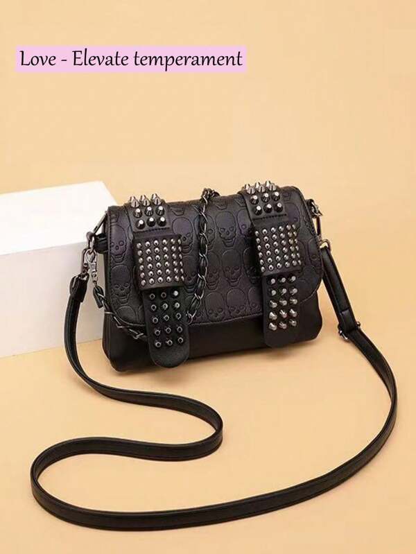 Gothic Chain Rivet Decor | Halloween Skull Print, Vintage Chain Wrist Fashion European And American Women's Rivet Skull Ladies Crossbody Shoulder Bag