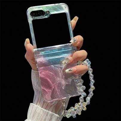 Ốp lưng điện thoại họa tiết lông vũ lấp lánh màu sắc rực rỡ sang trọng tương thích với Samsung Galaxy Z Flip 7 6 5 4 3 có thể gập lại, bảo vệ mặt sau với vòng đeo tay bằng dây xích laser sáng bóng