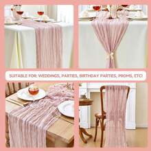 6 Stücke Set hellblaue Tischdecke Ostern grobe Gaze Tischdecke 160 Zoll Boho rustikale transparente blaue Küsten Tischdecke 4 m, geeignet für Halloween, Weihnachten, Hochzeit, Party, Babyparty, Brautparty - grau rosa - Übersicht 2