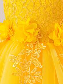 Girls' Lace Patchwork Princess Dress With Handmade 3D Floral Decor, Tulle Skirt, Ballet Dance Recital Costume, Elegant Party Dress, Simple Solid Color Layered Mesh Maxi Dress With Bowknot Back For Kids - Yellow - View 9
