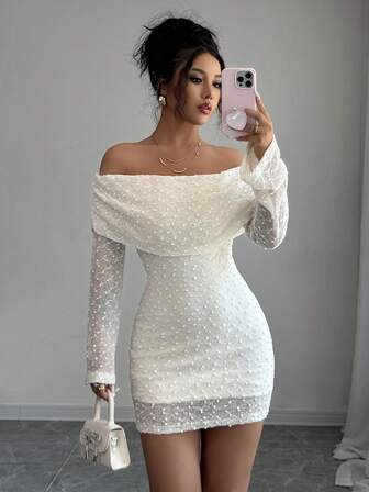 女士优雅提花针织面料连衣裙，适合约会、办公室、日常穿着、春秋季节