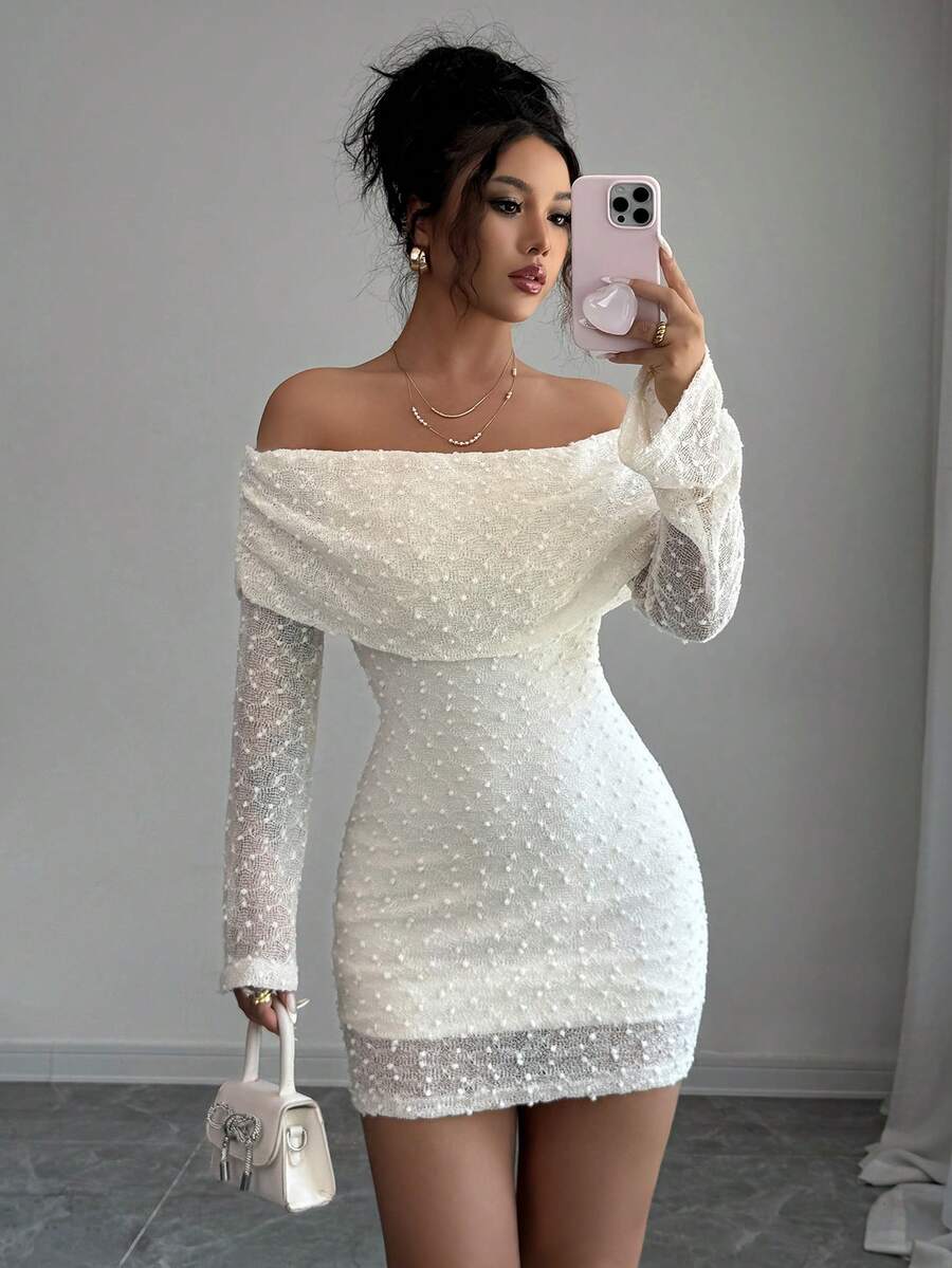 女士优雅提花针织面料连衣裙，适合约会、办公室、日常穿着、春秋季节