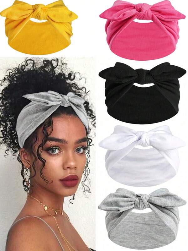 1 pièce Bandeau à oreilles de lapin avec nœud papillon pour femmes, style bohème extra large, mignon bandeau à oreilles de lapin noué, motif cachemire, accessoire cheveux élastique à nœud papillon unicolore, convient aux femmes, yoga/sport/extérieur, couleur unie, polyester mode décontractée toutes saisons