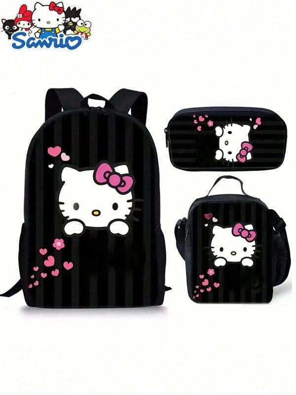 Sanrio 3pcs Sanrio Kuromi Friends Fashion Unisex Backpack Set, Including Schoolbag, Pencil Case And Lunch Box, Large Capacity Backpack, Adjustable Shoulder Straps, Nylon, Zipper Closure, Lightweight, Comfortable, Soft, Suitable For Daily Commute, Great Gift For Family And Friends