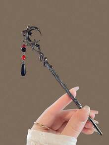 1pc Chinese Style Moon Hairpin, Vintage Tassel Hair Accessory, Elegant Bun Decor, Unique Design, Bun Extension, Hair Bun Maker, Bun Hair Piece, Hair Styling Pins, Pins For Hair, Bobby Pins, Hair Accessories, Head Accessories - Multicolor - View 3