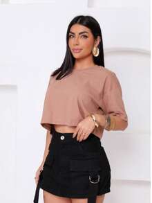 Women's Basic Cropped T-Shirt In Plain Cotton Knit - 卡布奇諾 - 查看 4