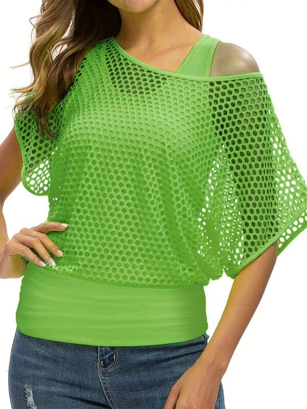 Women's Summer Fashion Casual Knitwear, Green Fishnet T-Shirt Top, Sleeveless Vest Two Pieces Set