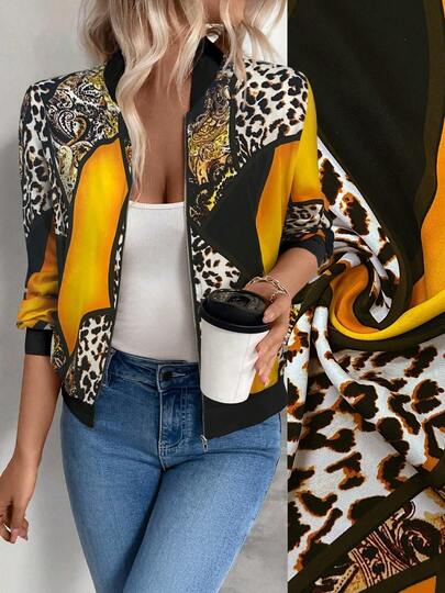 Halloween Costume, Winter And Autumn/New Year Women's Everyday Party Casual Open-Front Zipper Long-Sleeve With Leopard Print Mixed With Yellow Graphic Print Baseball-Style Jacket, Suitable For Everyday