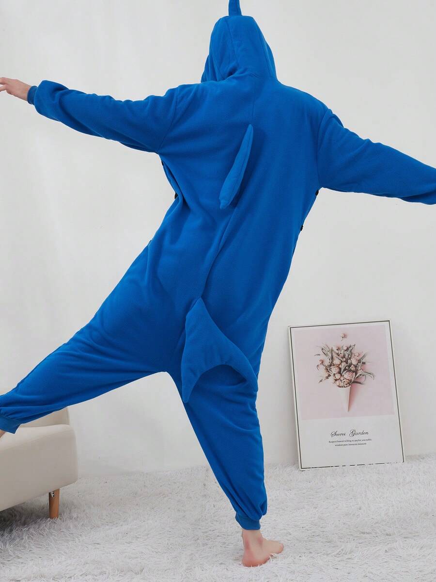 Unisex Shark One Piece Pajamas Hooded Cartoon Jumpsuit Fall Winter Christmas Animal Cosplay One Piece Pajamas, Funny One Piece Outfit For Halloween  Party - 寶藍色 - 查看 1