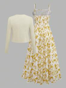 女式波西米亚花卉印花腰部喇叭形吊带背心连衣裙搭配针织开衫套装 - 黃色 - 查看 3