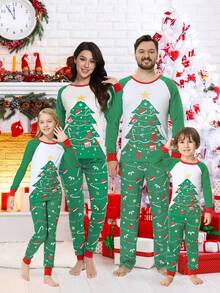 2 件圣诞节家庭装女童舒适睡衣套装，圆领趣味圣诞树图案长袖裤，舒适柔软家居服套装，适合节日派对、秋冬 - 綠色 - 查看 1