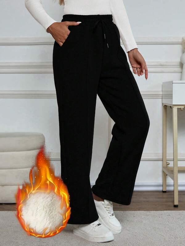 Loose Straight Thermal Lined Pants, Fitness Sweatpants - Soft & Stretchy Knit Fabric, Drawstring Waist, Casual Outdoor & Sportswear Style