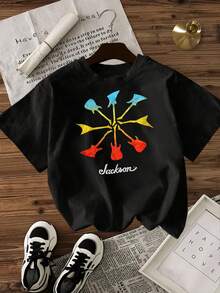 Women's-Shirt Casual Round Neck Black White Optional Colorful Guitar Print Jackson Letter Design Comfortable Daily Wear Shirts Summer Tops Graphic Tees Summer Outfits Women Graphic Tees Women Crop Tops Tops Women Vintage Cotton Cute Clothes Women - màu đen - Xem 2