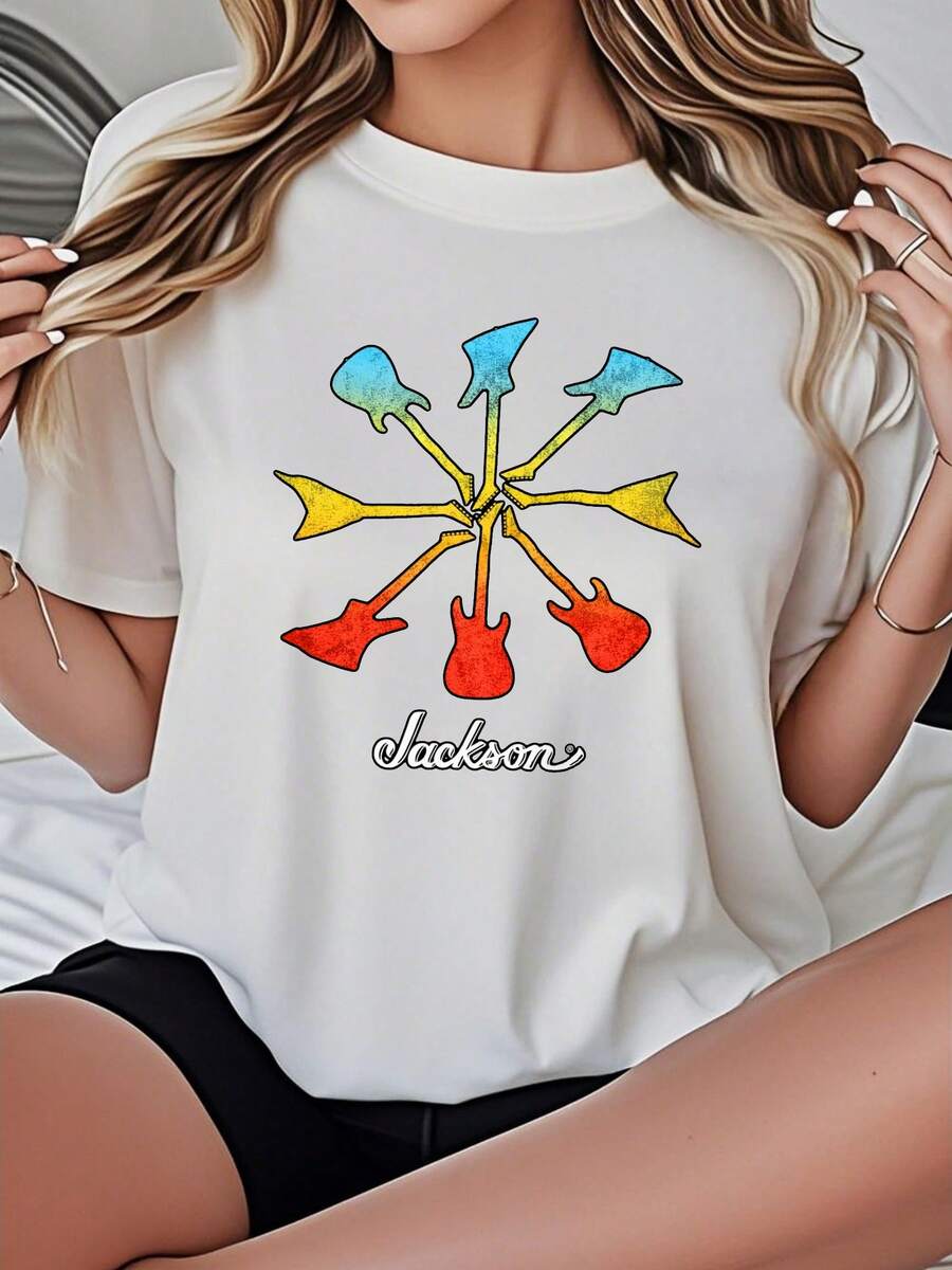 Women's-Shirt Casual Round Neck Black White Optional Colorful Guitar Print Jackson Letter Design Comfortable Daily Wear Shirts Summer Tops Graphic Tees Summer Outfits Women Graphic Tees Women Crop Tops Tops Women Vintage Cotton Cute Clothes Women - trắng - Xem 1