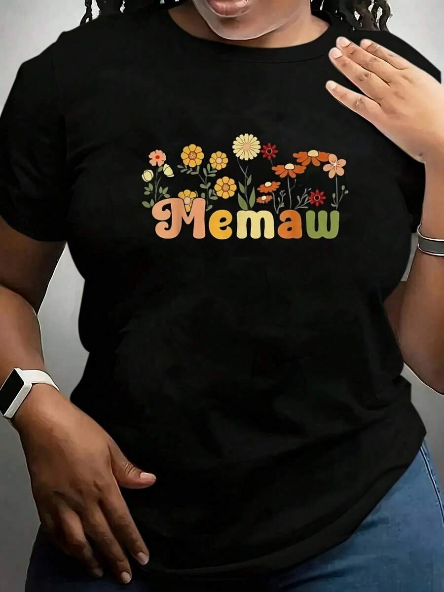Summer Tops, Groovy Memaw Grandmother Flowers Memaw Grandma Graphic Tees, Summer Outfits For Women, Cotton Crew Neck Tee Shirt Women's, Summer Clothes Relaxed Fit Neutral Style T-Shirts,Loose Sho - 黑色10 - 查看 1