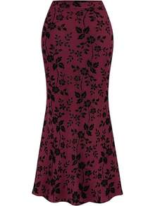Womens Floral Mesh Maxi Skirt Elastic High Waisted Boho Elegant 2025 Summer Fall Long Skirts Women - 酒紅色 - 查看 1