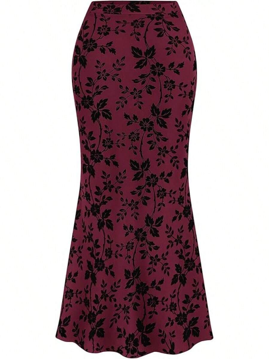 Womens Floral Mesh Maxi Skirt Elastic High Waisted Boho Elegant 2025 Summer Fall Long Skirts Women - 酒紅色 - 查看 1