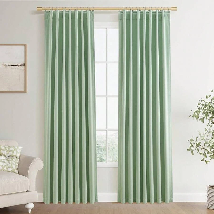 Beige Linen% Blackout Curtains 84 Inch Long, Rod Pocket/Back Tab/Hook Belt/Clip Rings, Thermal Insulated Drapes Bedroom Living Room With Hooks (1 Panel, 60 X 84), Stylish Window Treatments - 水綠色 - 查看 1