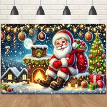 Tapiz de poliéster con diseño de Papá Noel en la chimenea - Decoración navideña clásica para el hogar, con acentos dorados, apto para fiestas interiores/exteriores y photocalls, lavable a máquina, perfecto para Navidad