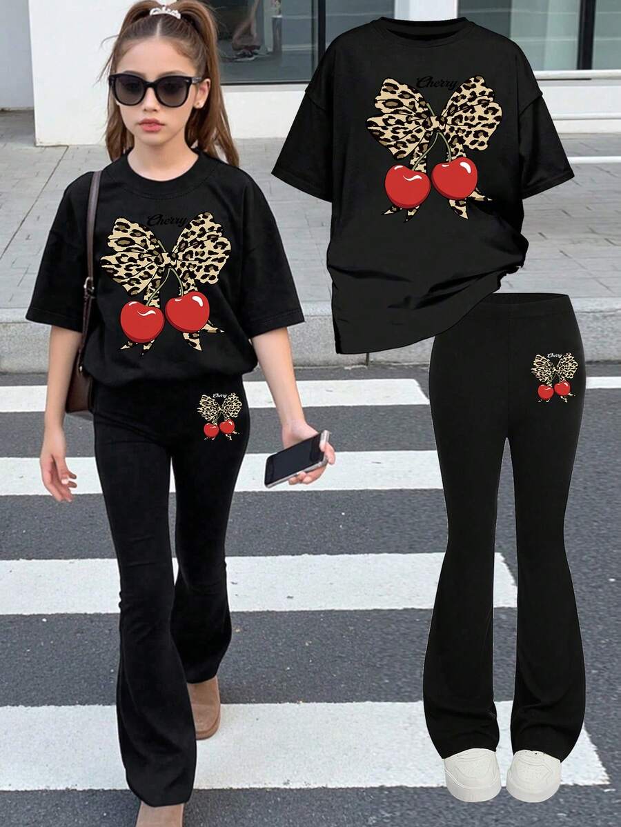 2件套少女樱桃豹纹套装，短袖喇叭裤，柔软舒适，适合夏季休闲穿着。 - 黑色 - 查看 1