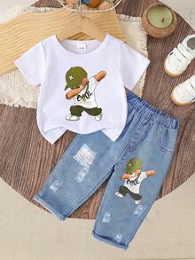 Baby Boy Casual Cute Comfortable Bear Print Short Sleeve Top And Print Pants Set, Lightweight For Summer - Multicolor - View 2