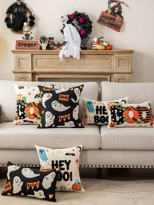1pc Halloween Ghost& Bat & Pumpkins Polyester Canavas Cushion Cover With Exquisited Embroidered, No Pillow Core, Home Decor Pillow Case Room Decor Pillow Cases Cushion Covers Halloween Decor