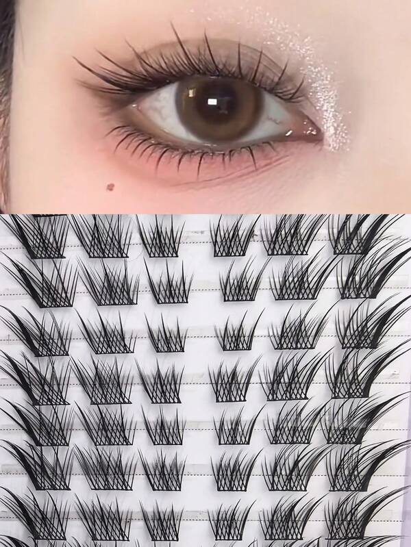 60pcs Natural Eyelash Clusters, DIY Eyelash Extension, Fine 3D Cat Eye Lash Clusters, Left & Right C Curl Individual Lashes