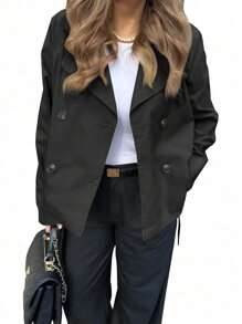 1pc Women's Solid Color Woven Fabric Front Button Regular Jacket, Suitable For Everyday Wear In Autumn - Black - View 1