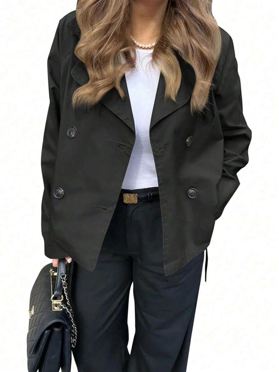 1pc Women's Solid Color Woven Fabric Front Button Regular Jacket, Suitable For Everyday Wear In Autumn - Black - View 1