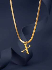 1pc European & American Fashion 26 Letter Pendant Blade Chain Necklace, 18K Gold Plated Stainless Steel, Non-Fading, Suitable For Women Everyday & Holiday Wear