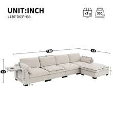 130" Modular Sectional Sofa, L-Shape With Folding Table And Dual-Port Charging, Side Storage Pockets, 2 Armrest Pillows, Free Movement Ottoman, High Density Foam, Chenille, 5 Seat - 米色 - 查看 3