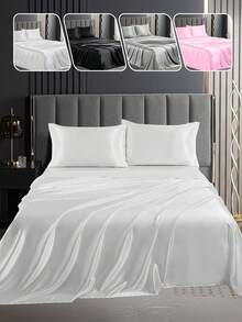 3/4pcs Satin Fitted Sheet Set, Bedding Set, Bed Sheets, Solid Color Bed Sheet Set, White Bedding Set, Mattress Cover Set, Skin-Friendly Bed Cover Set,  Soft And Comfortable Bedding, 1pc Flat Sheet, 1pc Fitted Sheet With 1/2pcs Pillowcase, Deep Pocket, For Single/Twin/Full/Queen/King Bed Sizes, Luxury Bedding, Machine Washable, Cool Touch For Sleeping, Perfect Valentine's Day Gift, Valentine's Day, Valentine's Gift - 白色 - 查看 2