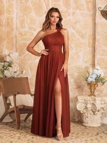 MOEVIO 女式不对称单肩交叉领口薄纱露背 A 字正式长款伴娘婚礼宾客活动礼服，适合夏季情人节生日礼服、秋季女士连衣裙、返校节生日女士服装 - 玫紅色 - 查看 5