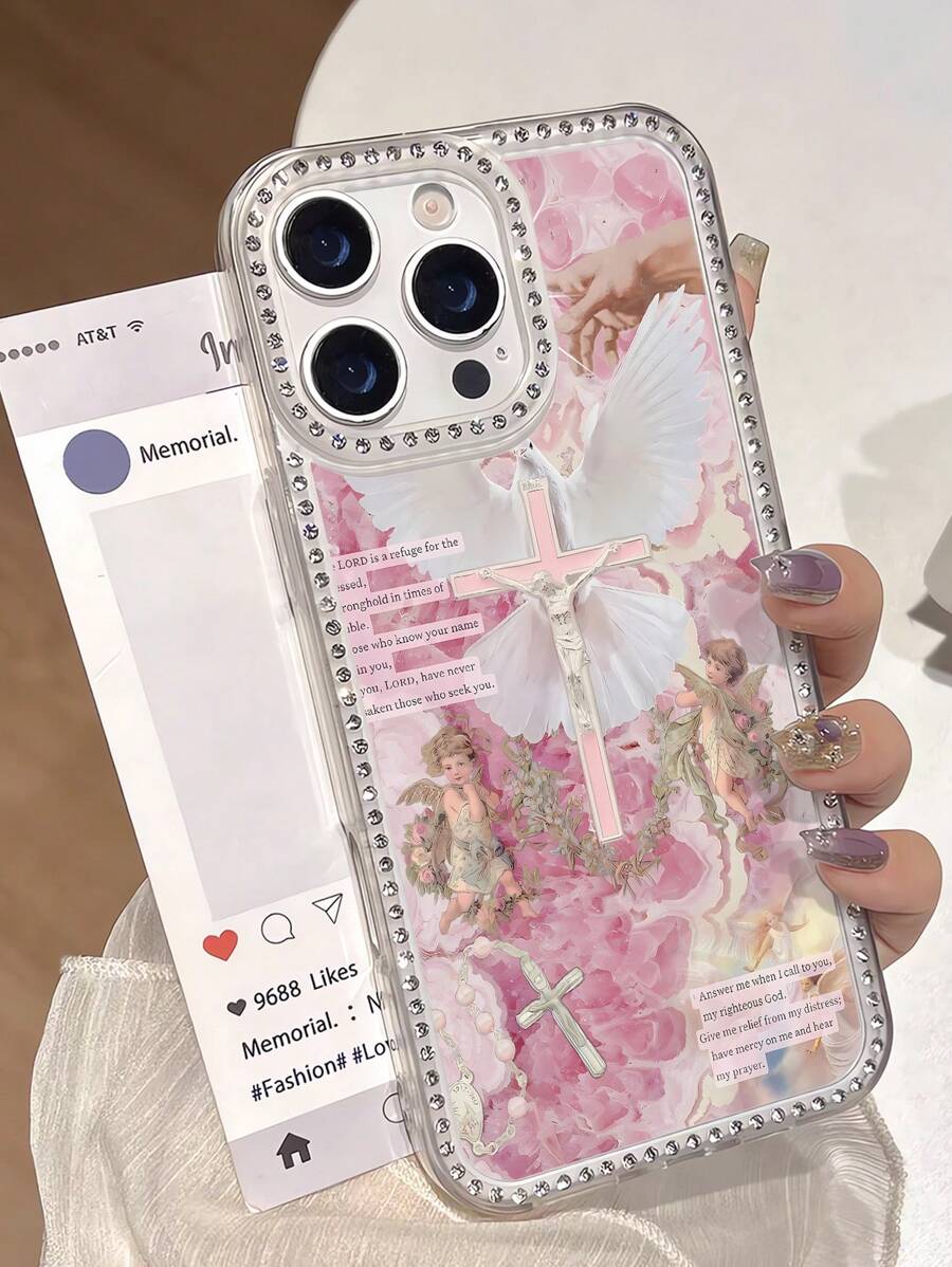 1pc Cross & Slogan Decor Rhinestone Transparent TPU Anti-Fingerprint Phone Case Compatible With IPhone 16 ProMax/16/16E/16 Pro/16 Plus/11/15/15 Pro/15 ProMax/12/13/14 ProMax/XS/XR/11 Pro/11 ProMax/12 Pro/12 ProMax/13 Pro/13 ProMax/7 Plus/14 Pro/14 ProMax/14 Plus, Soft Cover Waterproof Shockproof Anti-Fall Scratch Resistant