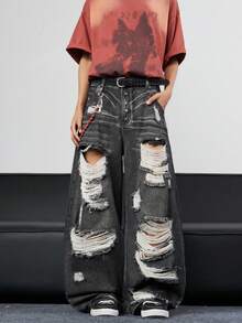 1pc Vintage Distressed Ripped Infinite Jeans, Loose Fit Flare Leg Washed Denim Pants (Excluding Belt And Accessories) - Black - View 4