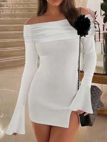 Women's Elegant Solid Color Off Shoulder Commuter Minimalist Dress With Ruched Shoulder Design, Black Oversized 3D Floral Decor, Flared Hem And Mini Slit