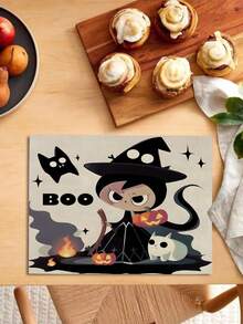 1 pieza/4 piezas/6 piezas/48 piezas Manteles individuales con estampado de bruja, manteles individuales de Halloween, decoración de otoño y Halloween para el hogar, estilo moderno, material similar al lino, decoración de interiores y exteriores para fiestas de Halloween, decoración con tema de Halloween, decoración de habitaciones. Adecuado para la decoración de la cocina del hogar y la decoración de fiestas de Halloween.