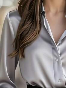 女士优雅纯色缎面衬衫，通勤百搭，精致衬衫，亲肤柔软面料，光滑透气，纯色纽扣前襟，适合办公室穿着，春夏秋冬