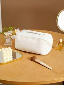 1 pieza Bolsa de cosméticos de PU con relieve de rosa, bolsa de cosméticos de lujo con relieve de caramelo, bolsa de cosméticos casual portátil, bolsa de cosméticos con cremallera de moda, bolsa de almacenamiento de cosméticos para viajes y vacaciones