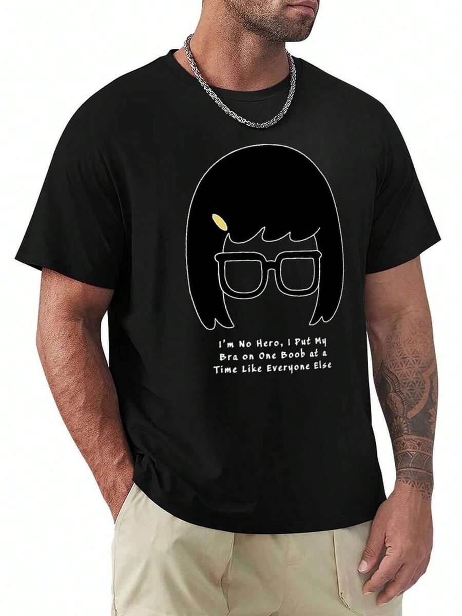 Bob's Burgers Tina Belcher "I'm No Hero" Graphic T-Shirt - Black Casual Round Neck Tee With Humorous Quote & Glasses Design, Regular Fit For Fans, Hand Wash Only, Everyday Clothing, Playful Design, Comfortable Fabric - màu đen - Xem 1
