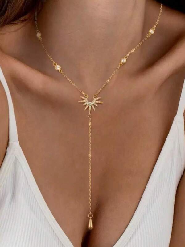 1 Stück modischer & eleganter Sonnenblumen-Strass-Quasten Y-Halskette, geeignet für den täglichen Gebrauch, Strand und Urlaubsoutfits von Frauen