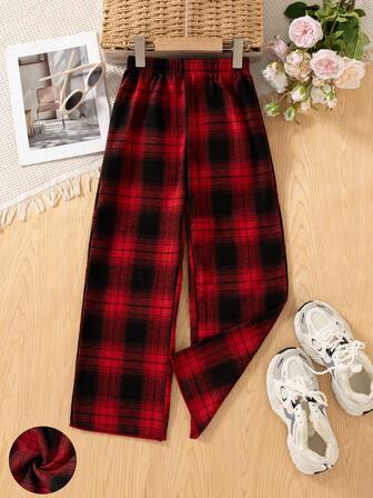 Girls' Casual Checkered Pattern Elastic Waist Pants, Suitable For Spring And Autumn